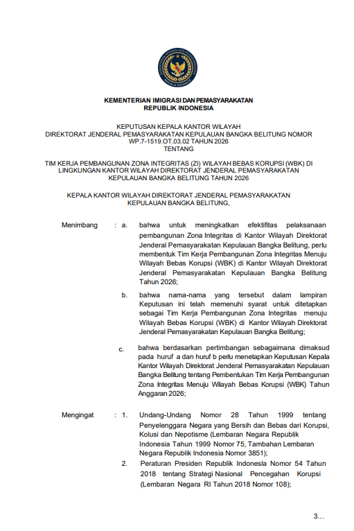 Surat Keputusan (SK) Tim Kerja Pembangunan Zona Integritas (ZI) Menuju Wilayah Bebas Korupsi (WBK) di Lingkungan Kantor Wilayah Direktorat Jenderal Pemasyarakatan Kepulauan Bangka Belitung